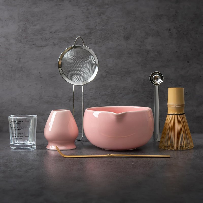 YIBO Matcha Whisk Set Pink, Handcrafted Bamboo Chasen & Ceramic Bowl Matcha Kit, Holder, Stainless Steel Sifter, Scoop Measuring Spoon & Cup Tools for Matcha Tea Ceremony - Image 1